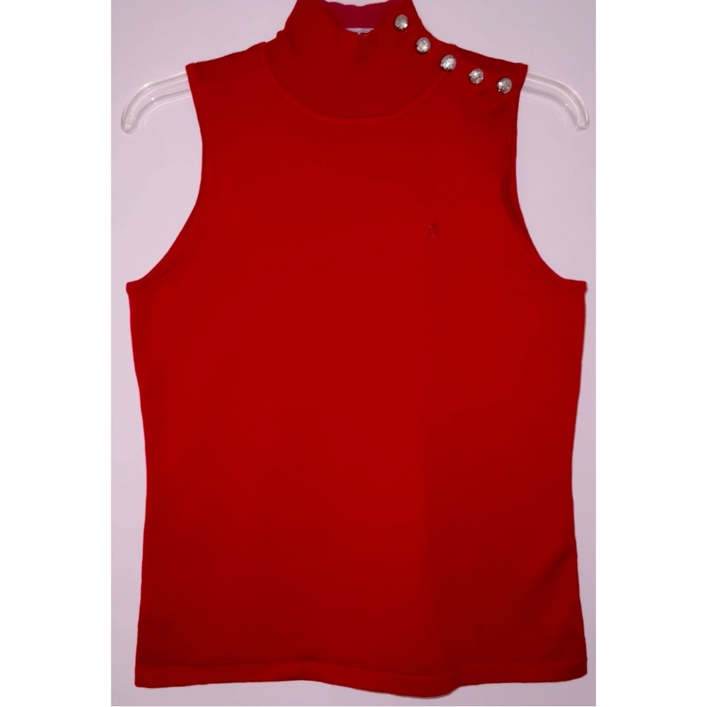 Red Sleeveless Mock Neck Top with Button Detail